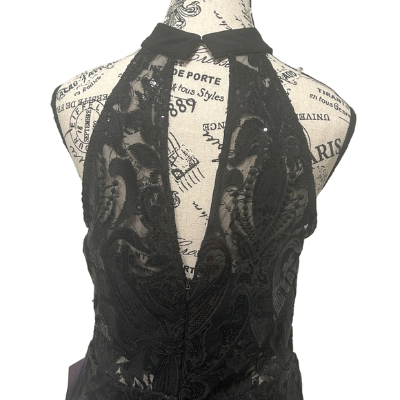 Minuet Petite Black Lace Sequin Halter Feather Hem Mini Dress L NWT - Picture 4 of 10